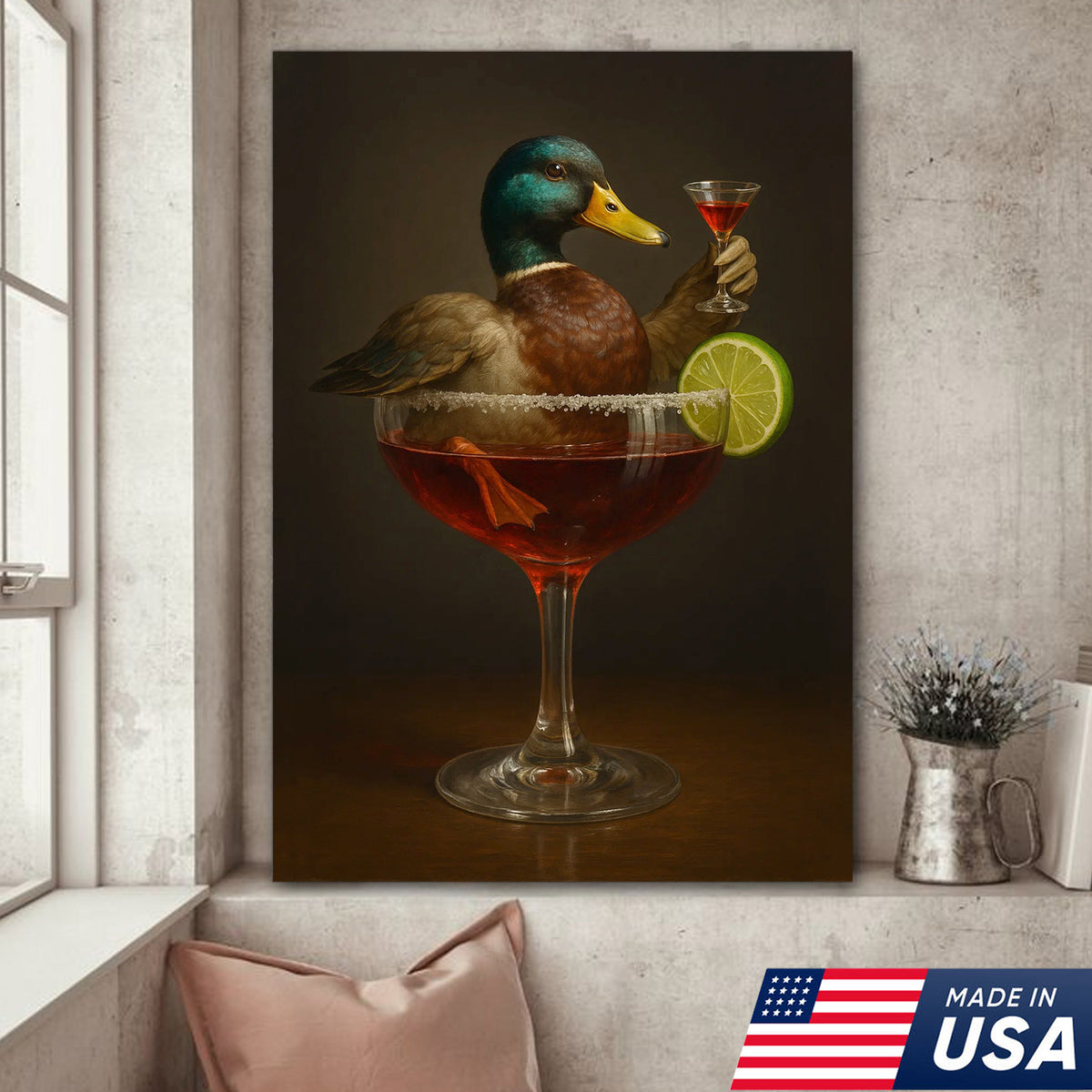 Funny Mallard Duck Canvas Wall Art - Quirky Animal in Cocktail Glass Design