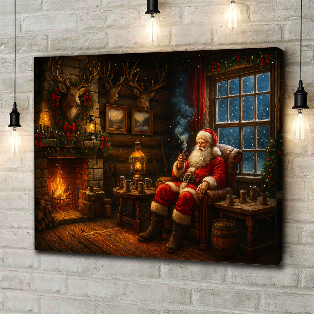 Christmas Santa Cabin Canvas Wall Art, Rustic Fireplace Holiday Decor