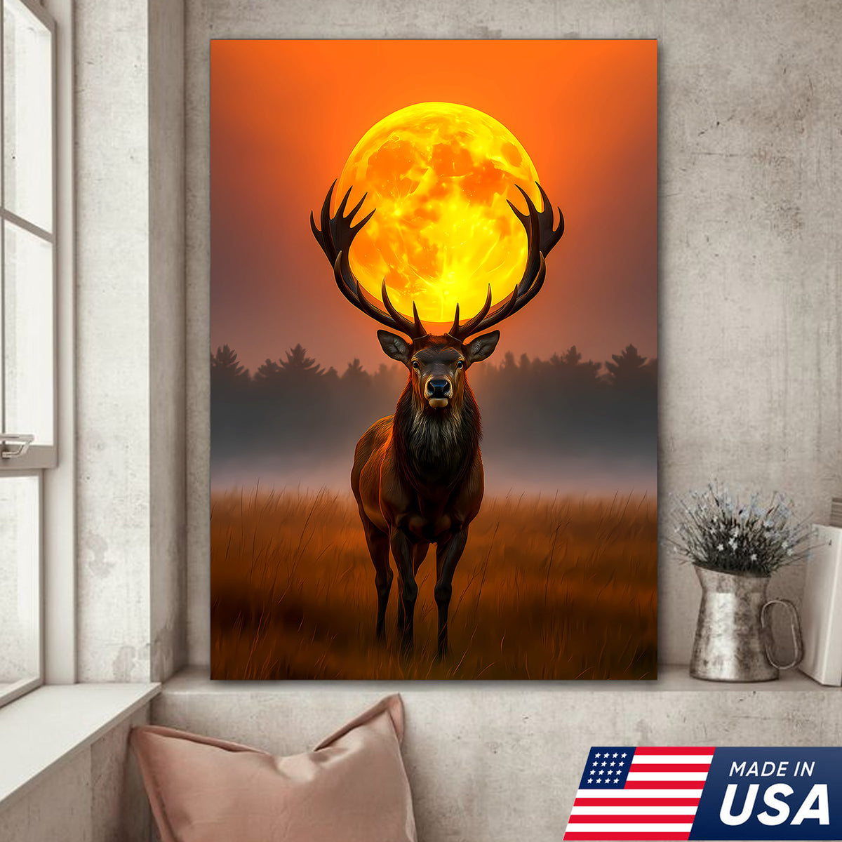 Majestic Elk Full Moon Canvas Wall Art – Hunting Cabin Decor Gift for Hunters