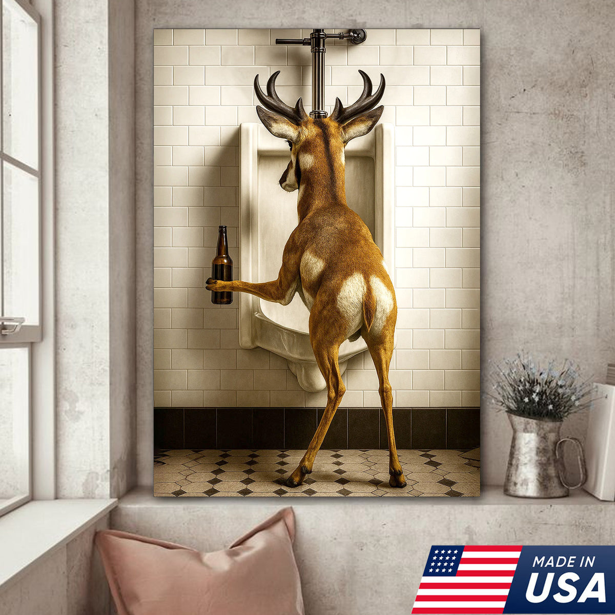 Funny Pronghorn Canvas Wall Art - Rustic Bathroom Lodge Decor for Hunters - Unique Wildlife Cabin Print