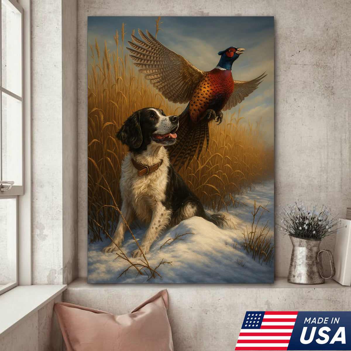 Hunting Dog & Pheasant in Winter Field Canvas – Classic Wildlife Wall Art for Lodge & Nature Decor