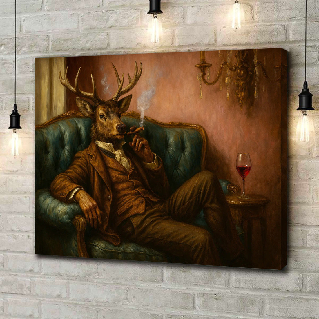 Deer Gentleman Canvas Wall Art – Dapper Buck in Suit on Teal Sofa, Vintage Lounge Portrait