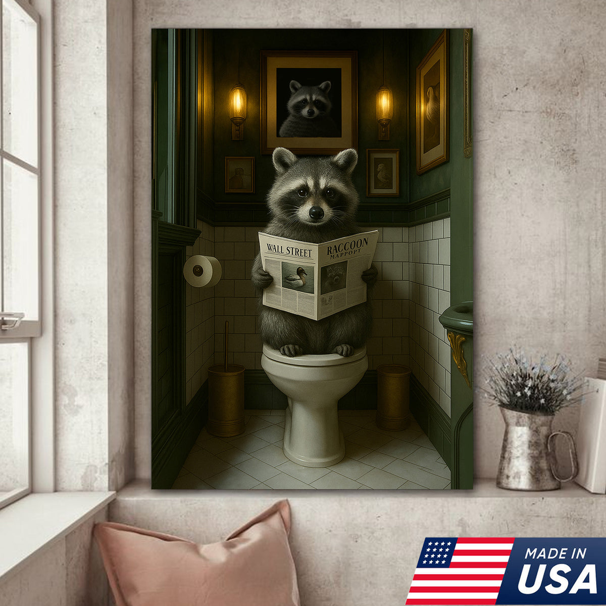 Funny Raccoon Bathroom Wall Art – Rustic Toilet Humor Cabin Canvas Decor