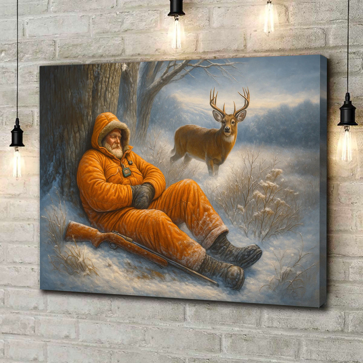 Funny Deer Hunting Canvas Wall Art - Sleeping Hunter Winter Scene - Rustic Lodge and Cabin Decor