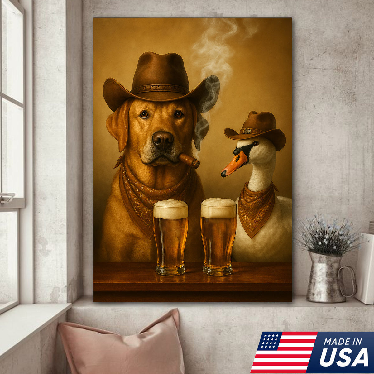 Funny Cowboy Dog & Geese Wall Art Canvas – Funny Beer & Smoking Canvas for Hunters