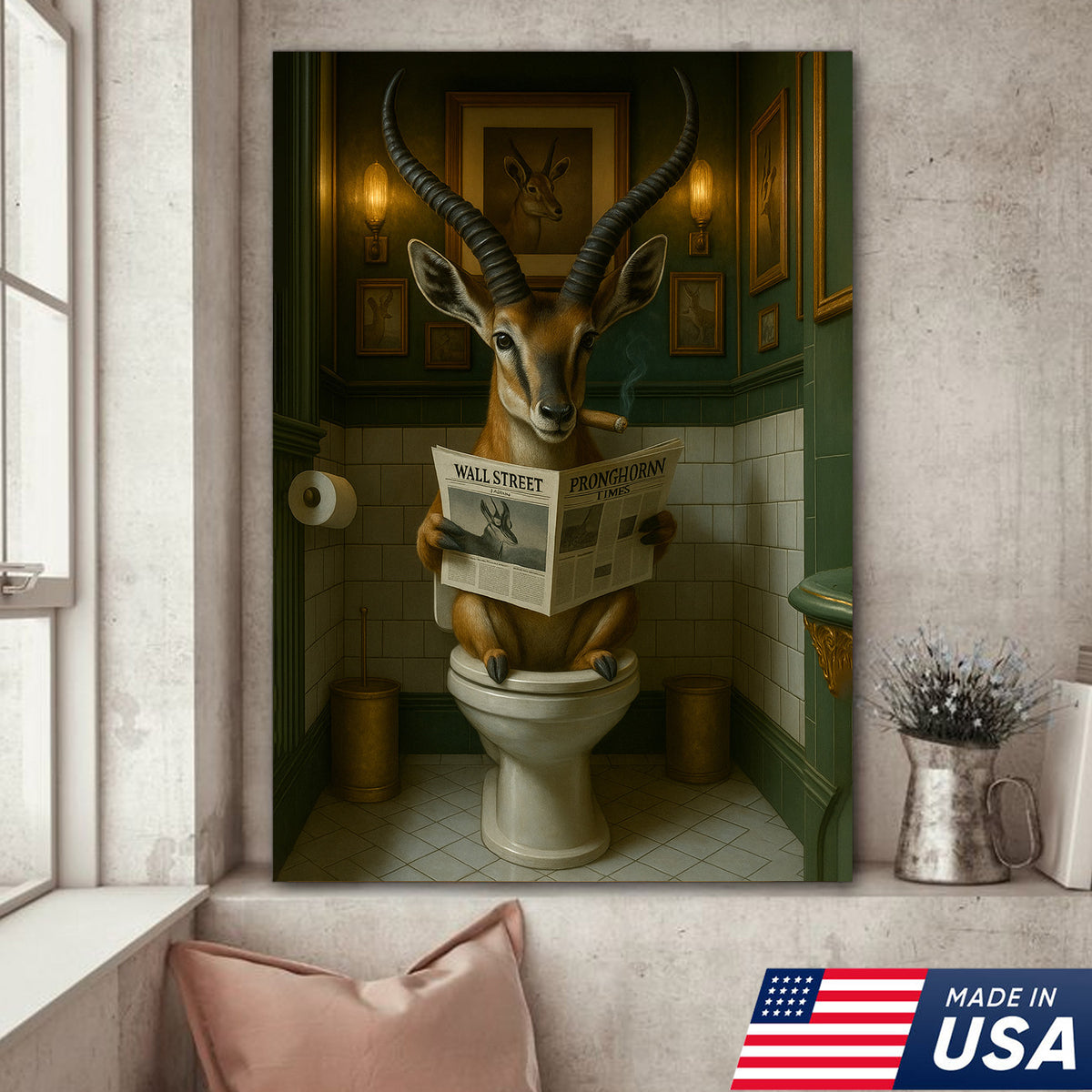Funny Pronghorn Deer Wall Art – Hilarious Deer Hunting Bathroom Canvas for Hunters