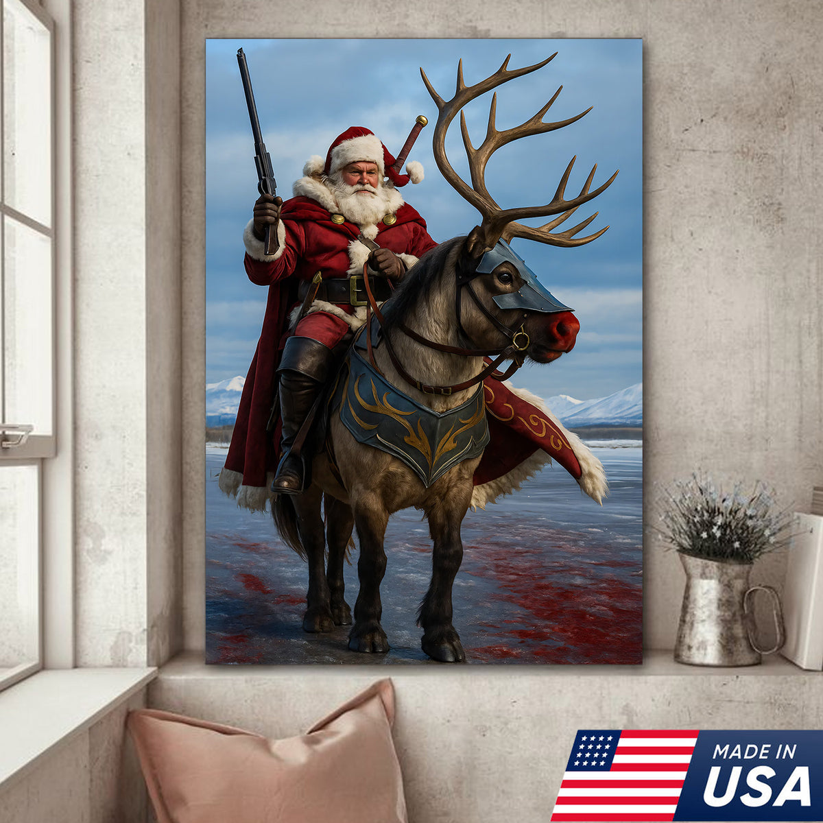 Epic Santa Riding Reindeer Canvas Wall Art, Fantasy Warrior Santa on Armored Reindeer