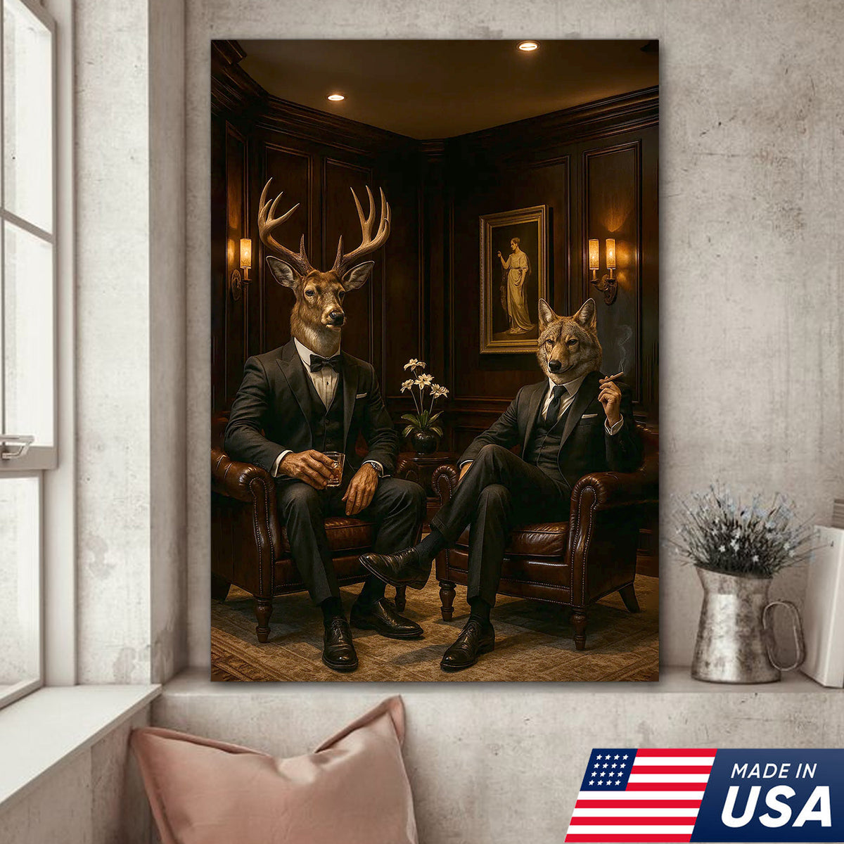 Elegant Deer and Wolf Canvas Wall Art - Sophisticated Animal Portrait in Suits, Luxury Rustic Decor