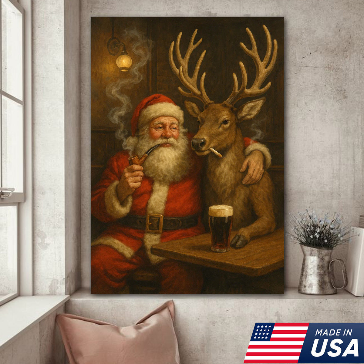 Funny Santa and Reindeer Wall Art Canvas – Rustic Christmas Lodge Decor