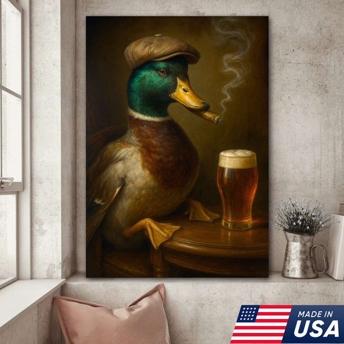Mallard Duck Gentle Beer Smoking Canvas – Funny Rustic Wall Art for Hunters, Cabin, Bar & Man Cave