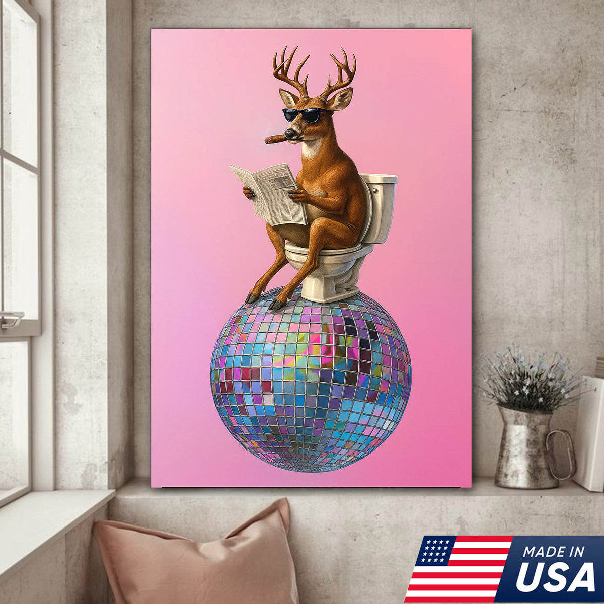 Deer Canvas Wall Art – Funny Buck Reading Newspaper on Toilet with Disco Ball Unique Bathroom Decor