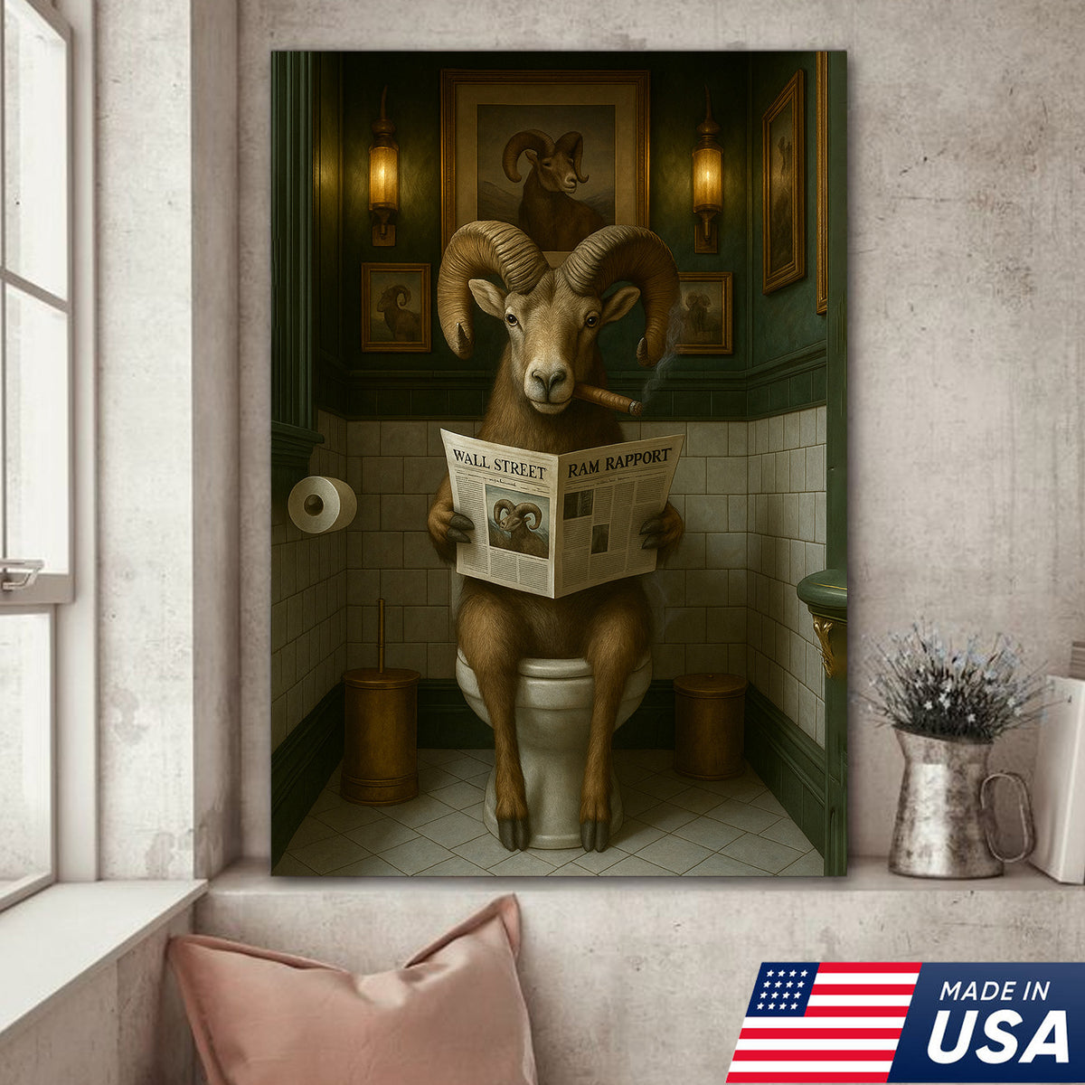 Mountain Goat Toilet Humor Canvas – Funny Hunting Bathroom Wall Art for Hunters