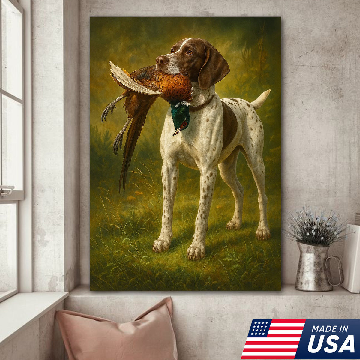 Hunting Dog Canvas Wall Art – Hunting Dog with Pheasant – Rustic Wildlife Canvas