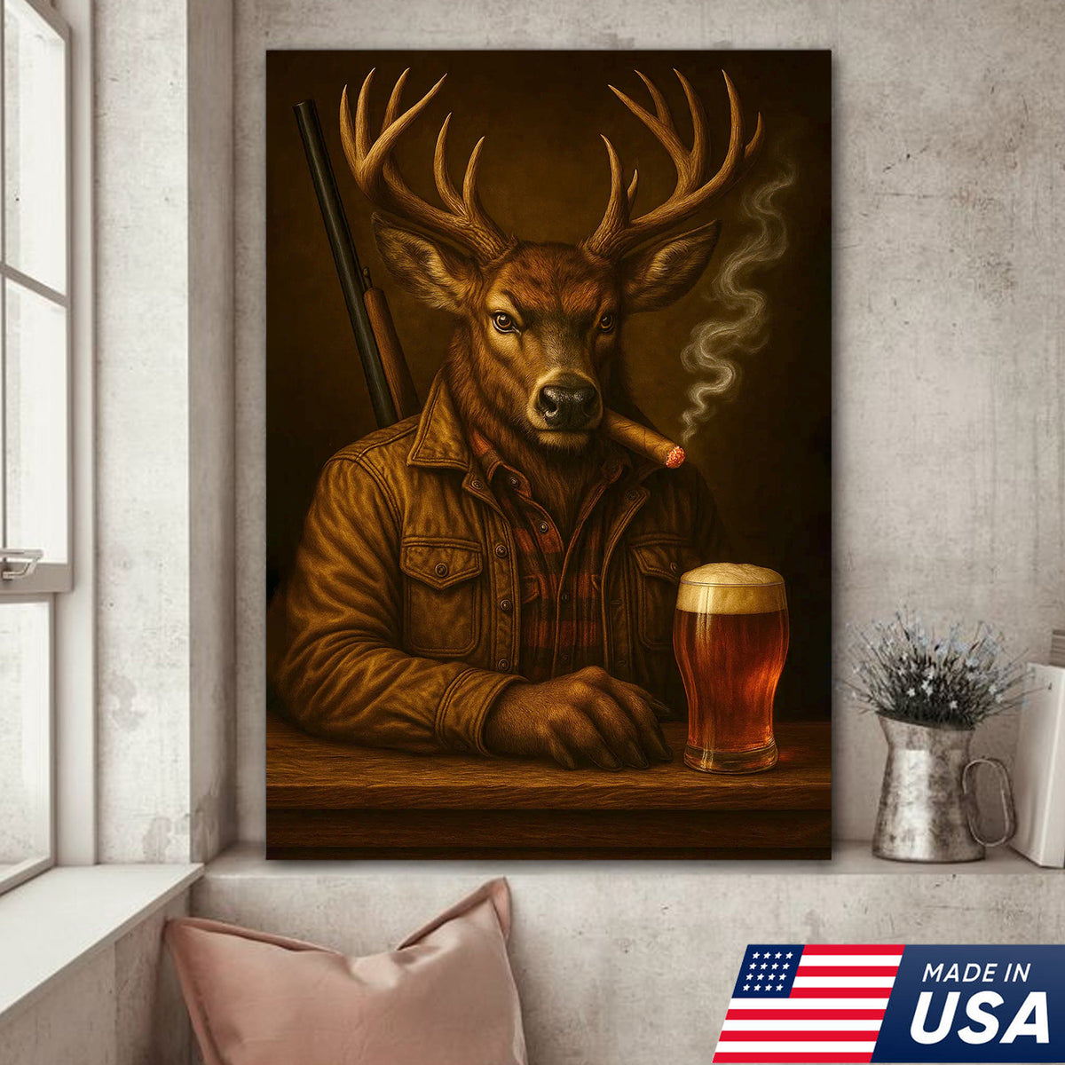 Majestic Deer Canvas Wall Art – Surreal Hunter Portrait with Beer Glass, Bold Rustic Decor