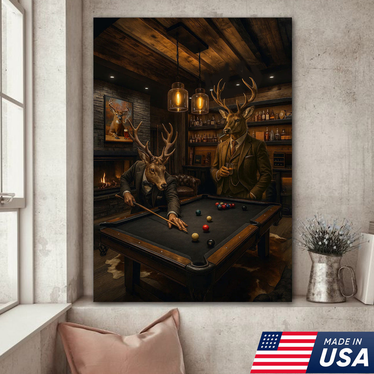 Deer Gentlemen Billiards Canvas Wall Art – Whitetail Bucks in Suits at Pool Table – Lodge Game Room Decor