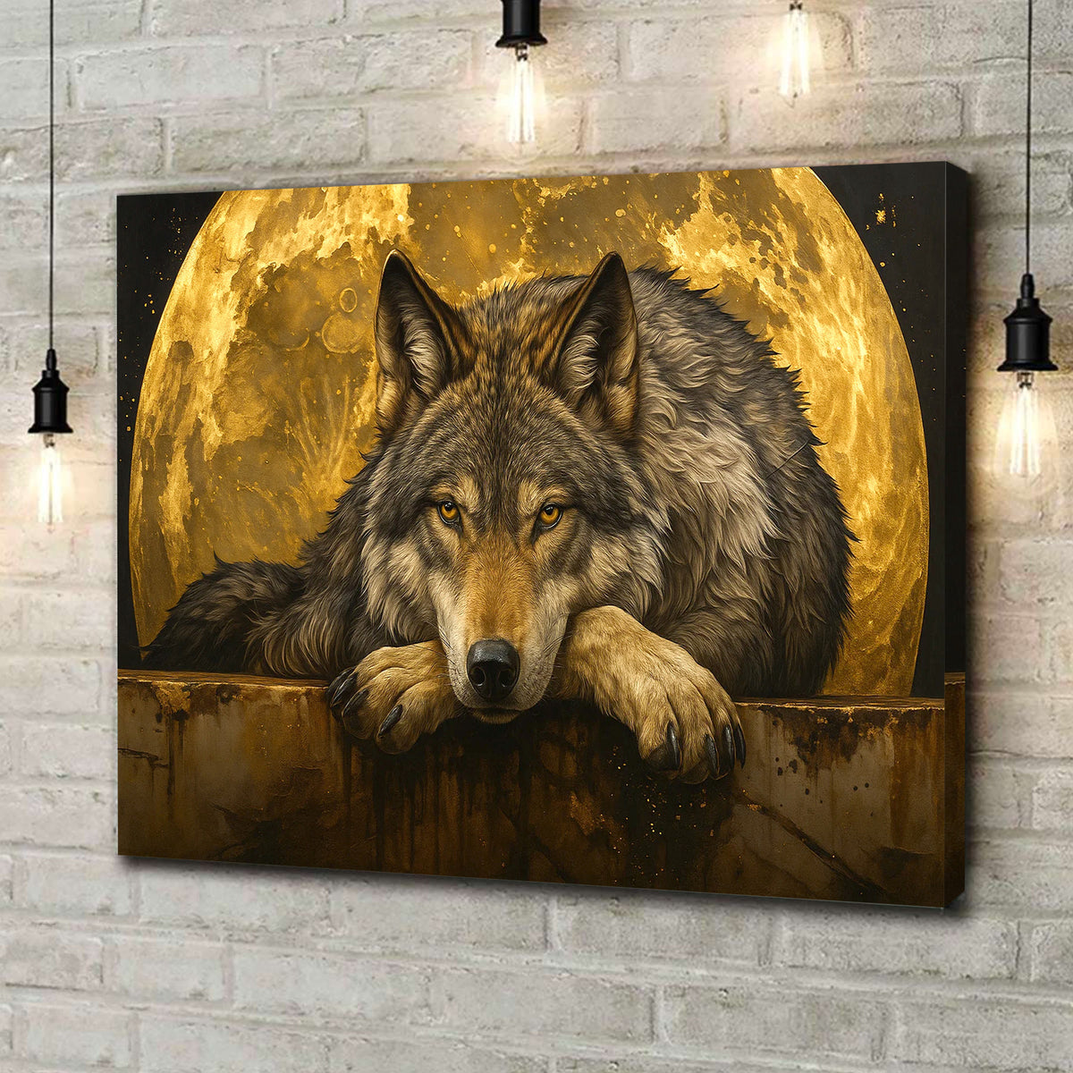 Wolf Canvas Wall Art – Majestic Wolf with Full Moon – Rustic Wildlife Decor for Cabin