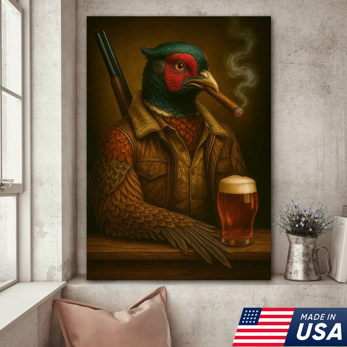 Wild Pheasant Canvas Wall Art – Surreal Hunter Portrait with Beer Glass, Bold Rustic Decor