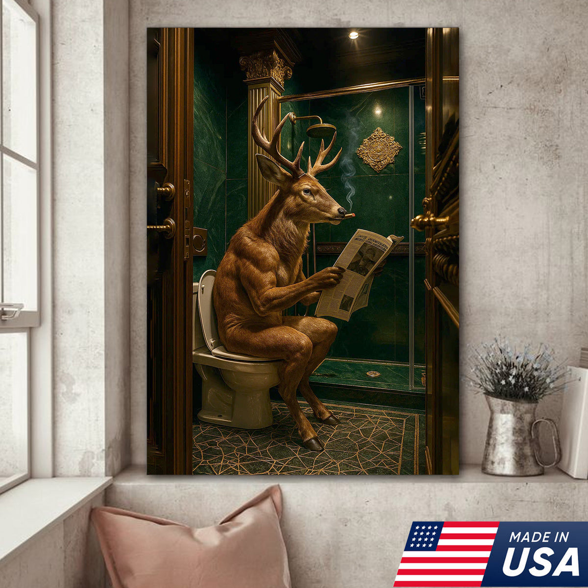 Funny Deer Canvas Wall Art - Anthropomorphic Deer Reading Newspaper in Bathroom