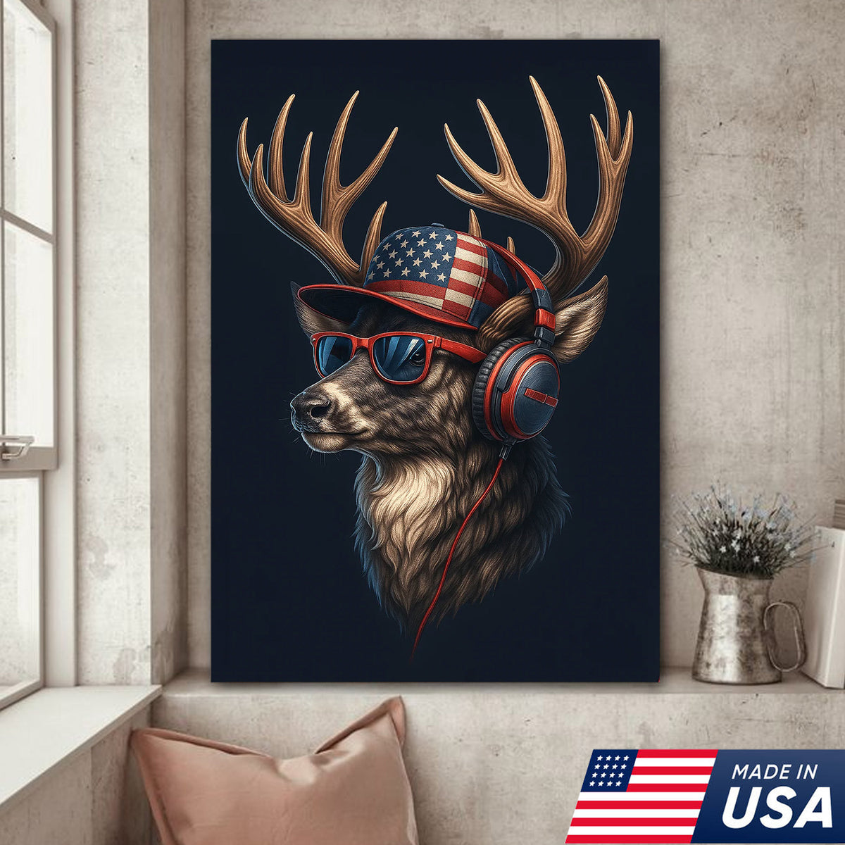 Patriotic Deer Wall Art Canvas – Cool Buck with American Flag Hat and Headphones