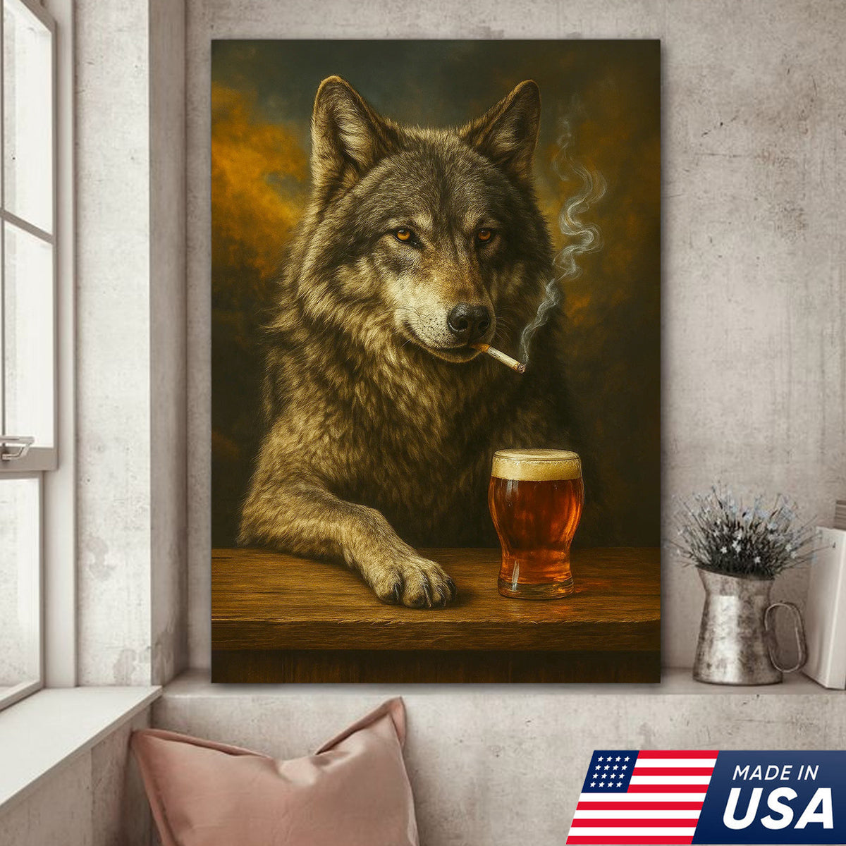 Rustic Gray Wolf Canvas Wall Art – Majestic Wildlife Bar Scene with Beer – Hunting Cabin Decor