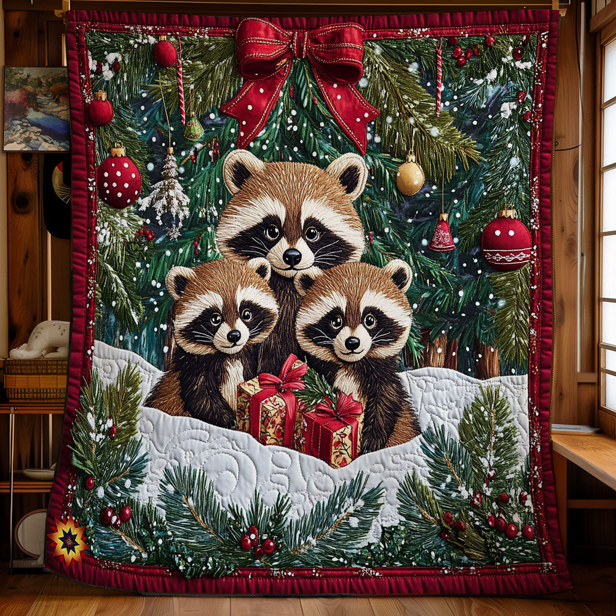 Christmas Of Raccoon Family Quilt Blanket