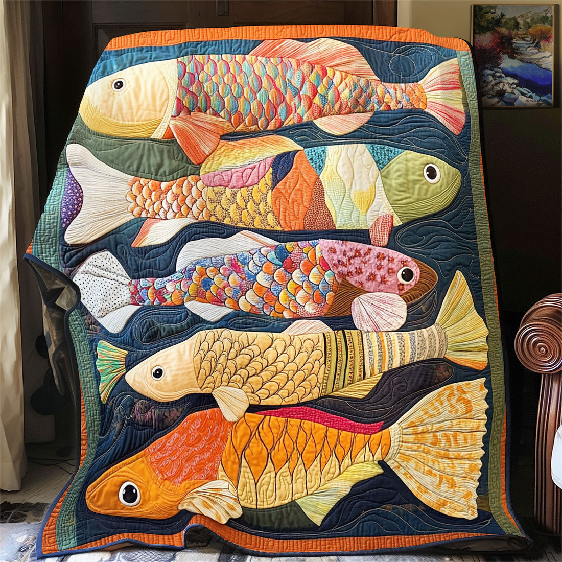 Vibrant Fish Rustic Charm Quilt Blanket