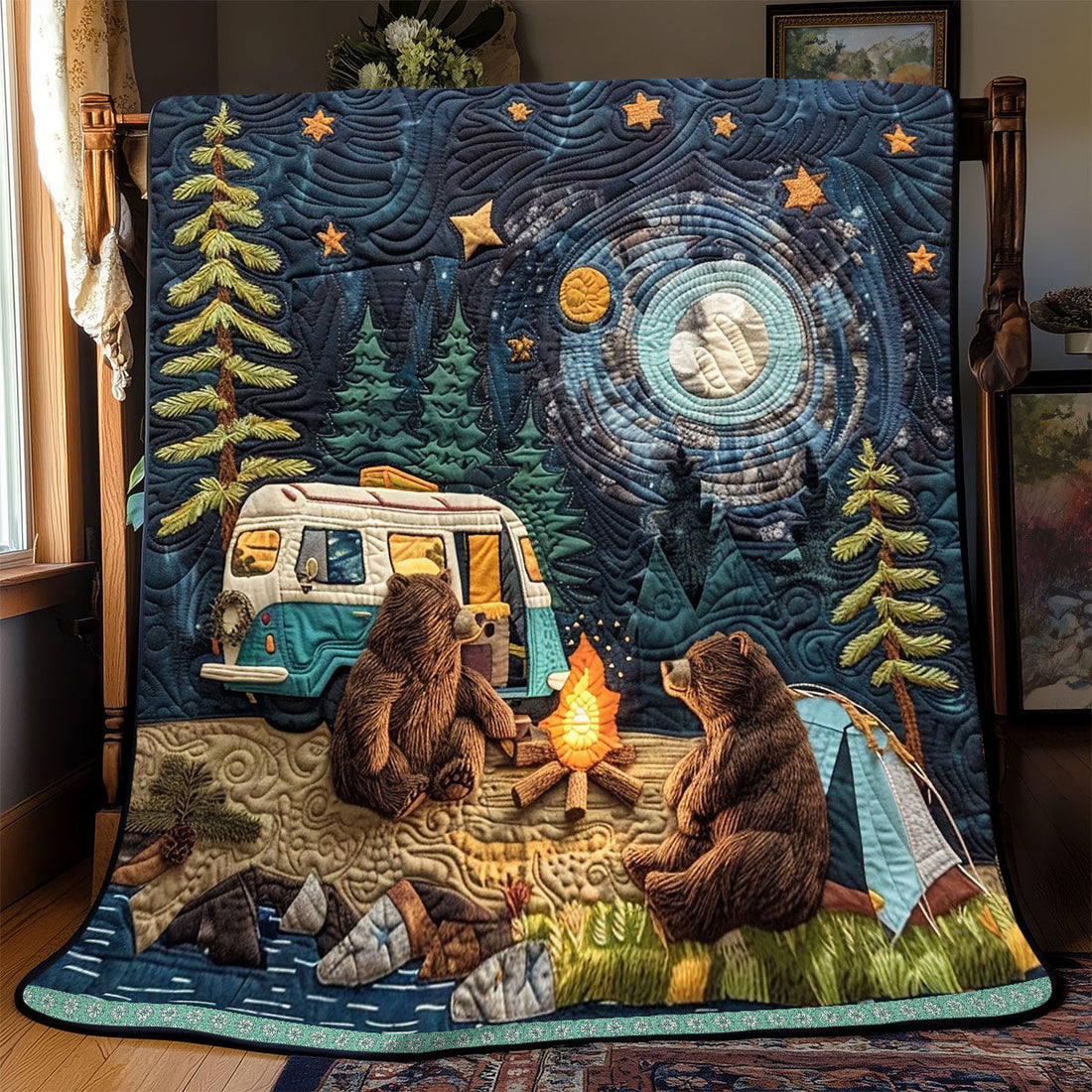 Bear Family Camping Quilt Blanket