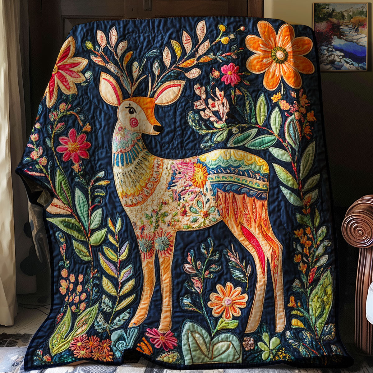 Floral Deer Quiet Moments Quilt Blanket
