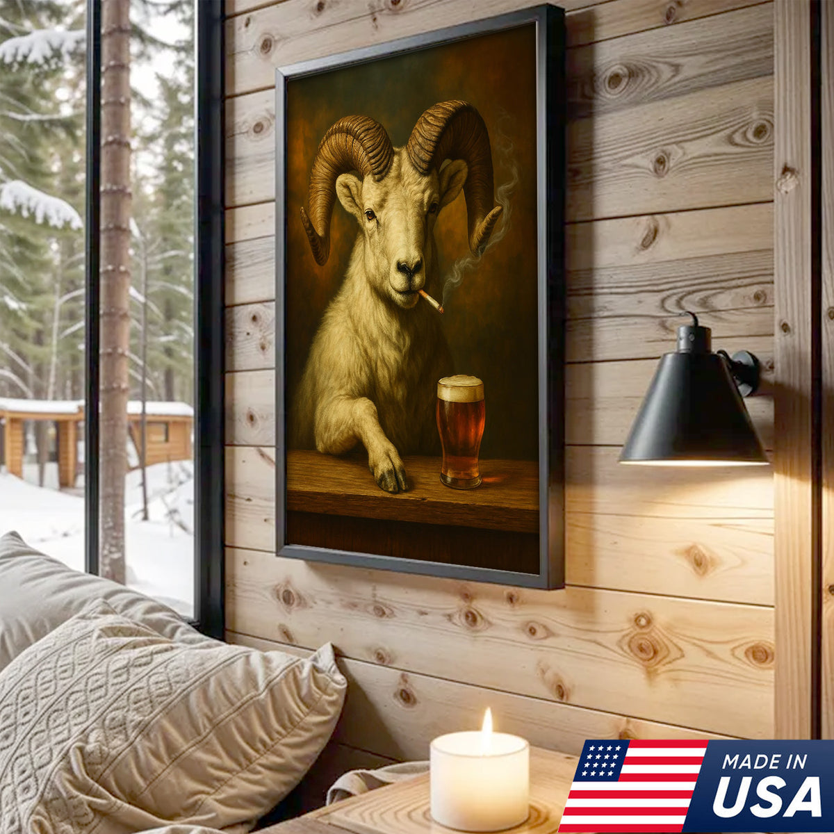 Rustic Dall Sheep Canvas Wall Art – Majestic Mountain Sheep with Beer Glass