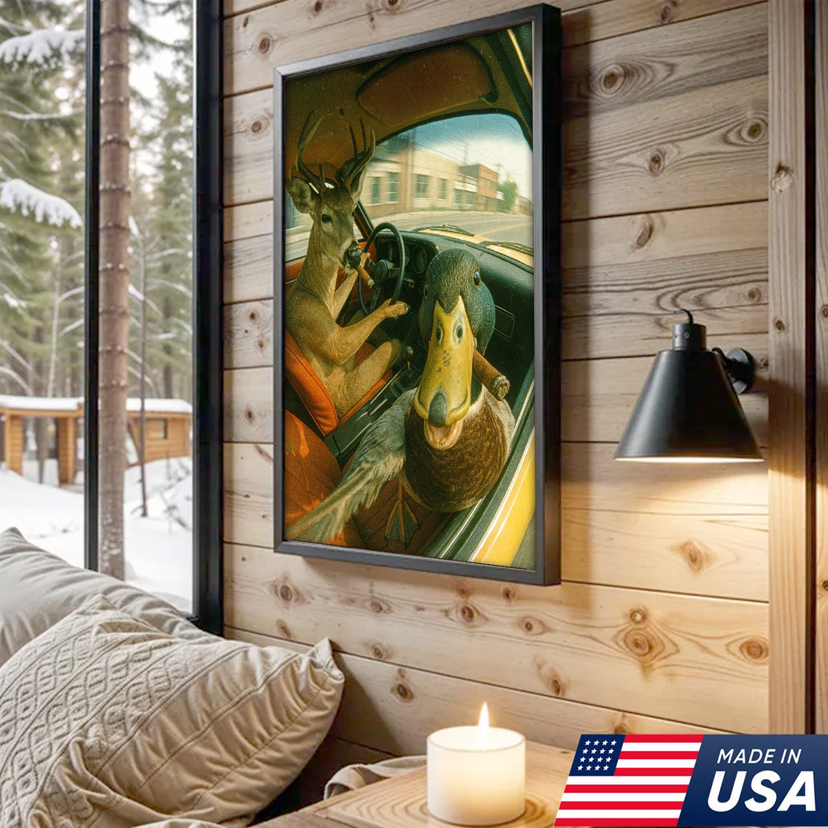Wild Road Trip Canvas Wall Art – Deer & Duck Adventure Scene – Quirky Rustic Cabin Decor