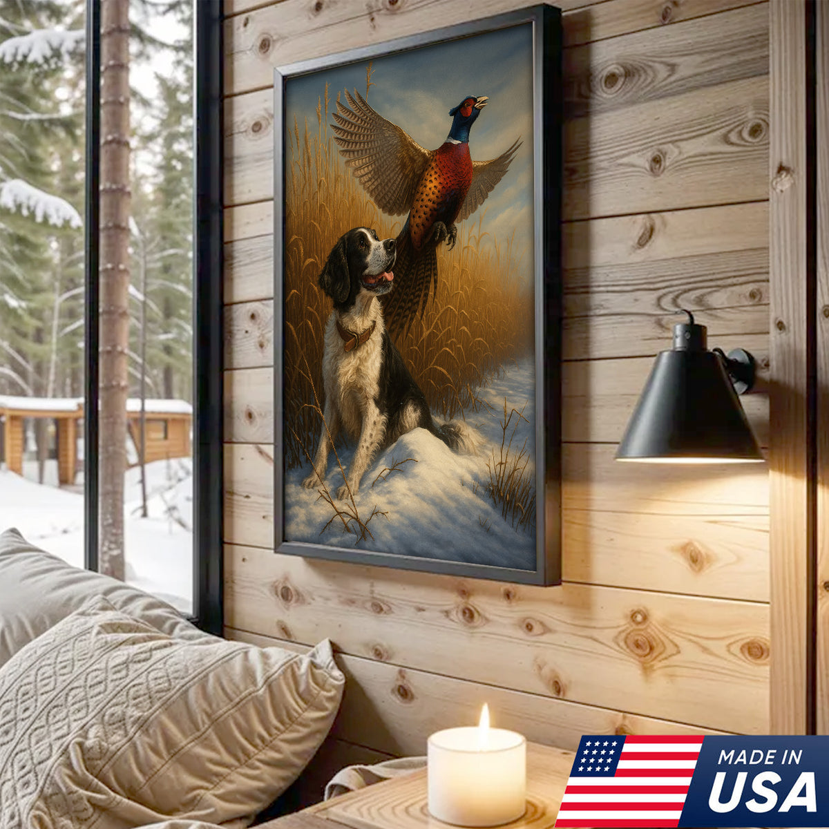 Hunting Dog & Pheasant in Winter Field Canvas – Classic Wildlife Wall Art for Lodge & Nature Decor