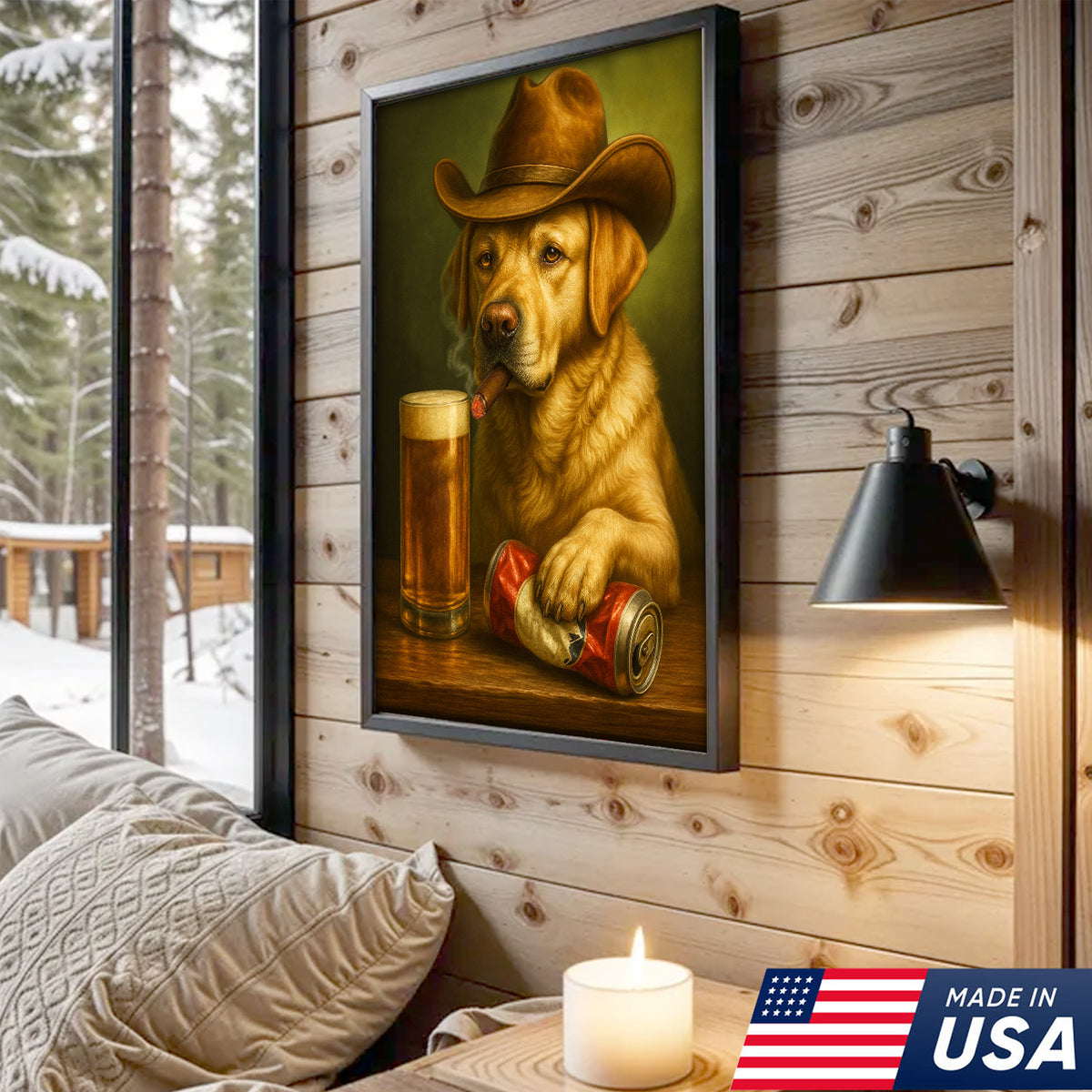 Funny Cowboy Dog Wall Art – Funny Beer & Smoking Canvas For Hunters, Bar & Man Cave Decor