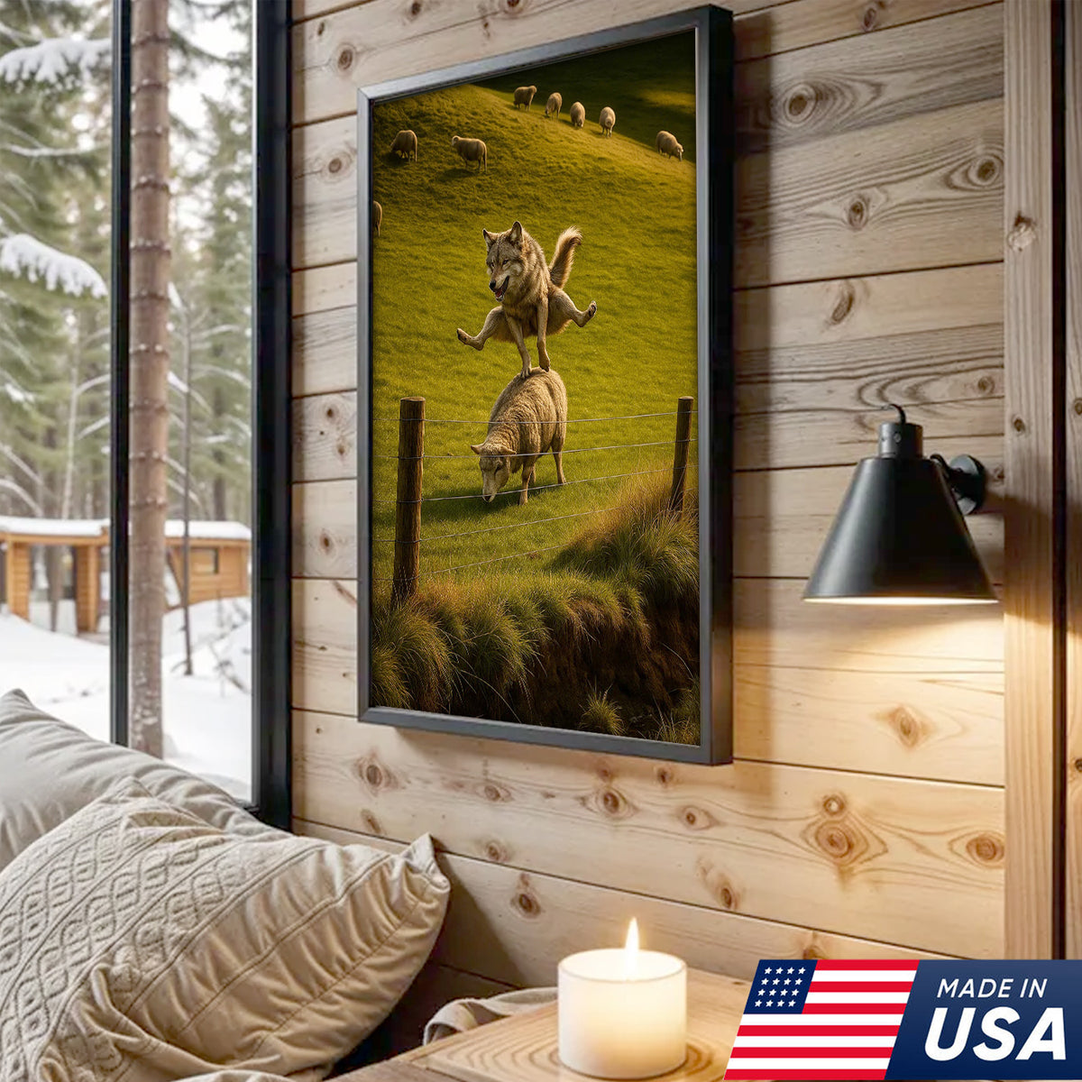 Funny Wolf and Sheep Canvas Wall Art - Hilarious Animal Jump Scene, Rustic Farmhouse Decor