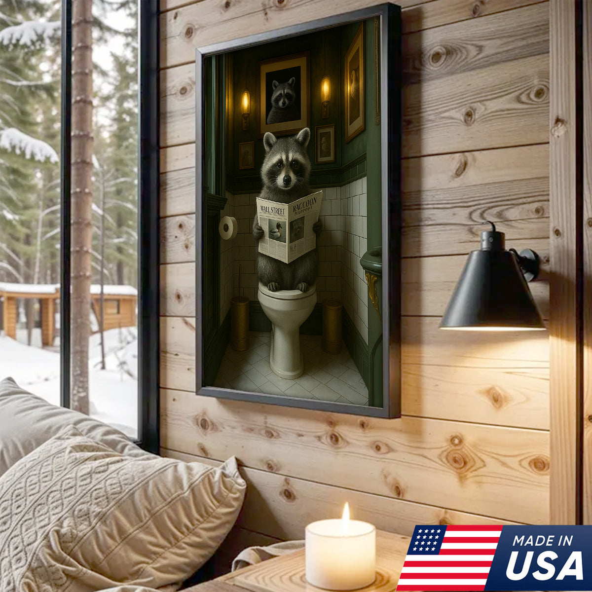 Funny Raccoon Bathroom Wall Art – Rustic Toilet Humor Cabin Canvas Decor