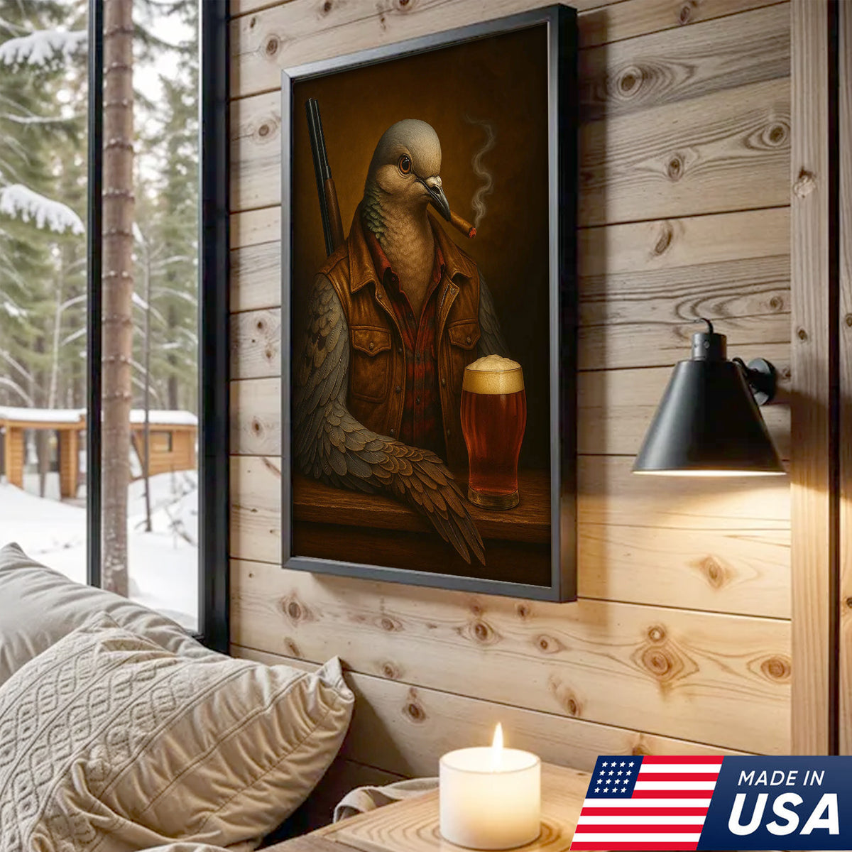 Mourning Dove Canvas Wall Art – Surreal Hunter Portrait with Beer Glass, Rustic Lodge Decor