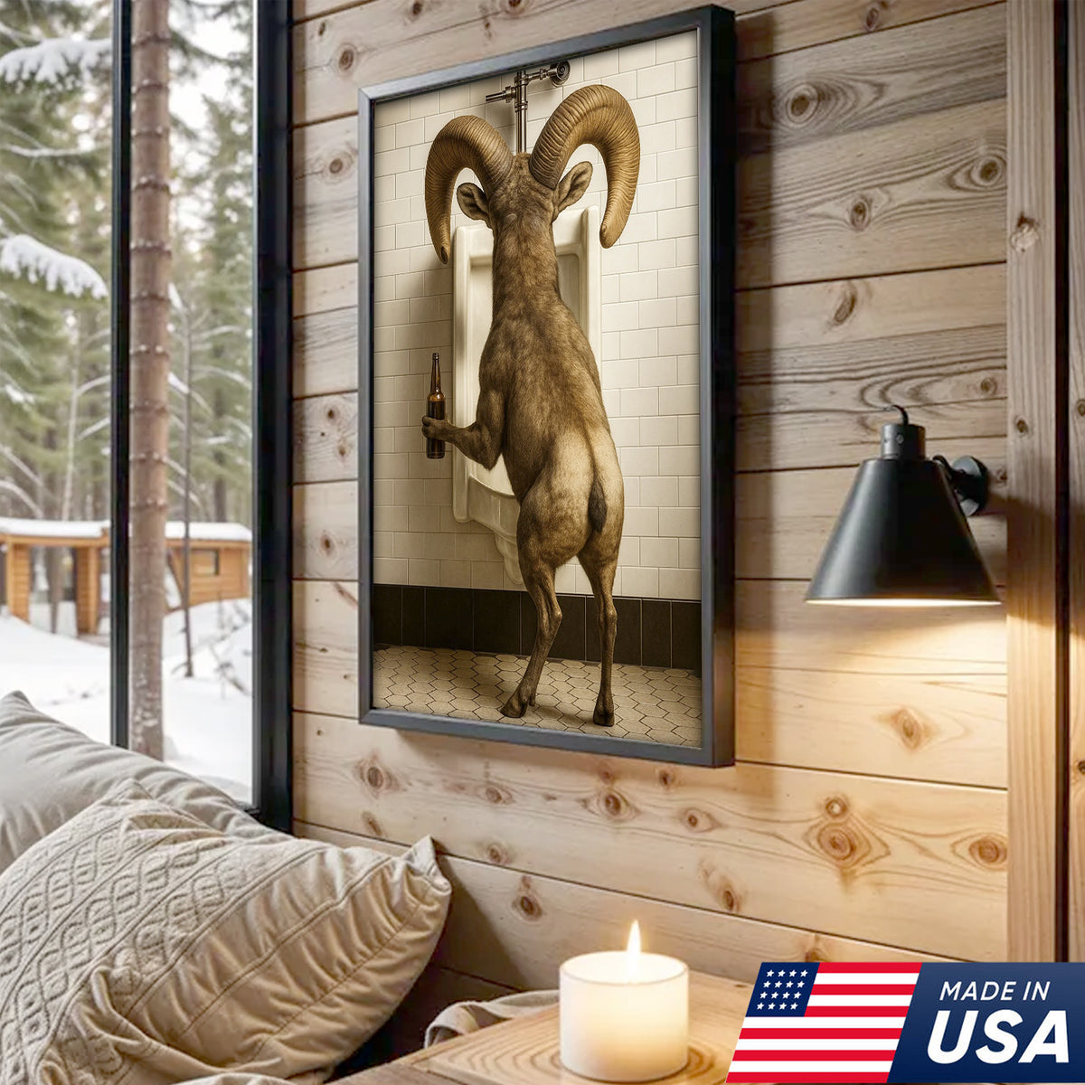Humorous Big Horn Sheep Canvas Wall Art - Rustic Lodge Bathroom Decor for Cabin and Farmhouse
