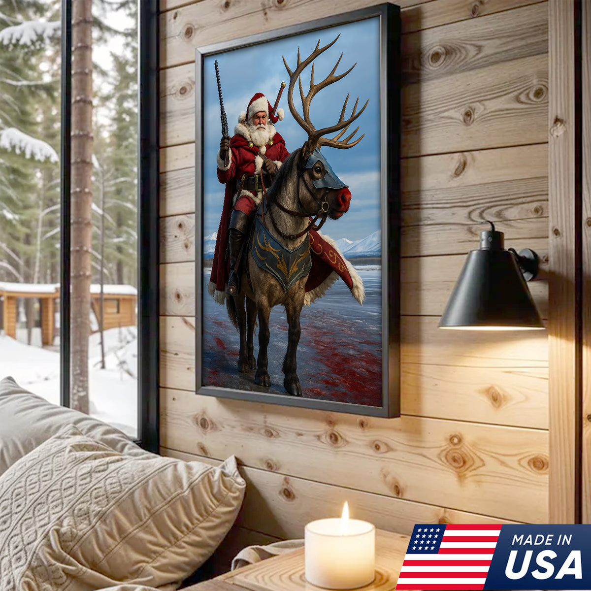Epic Santa Riding Reindeer Canvas Wall Art, Fantasy Warrior Santa on Armored Reindeer