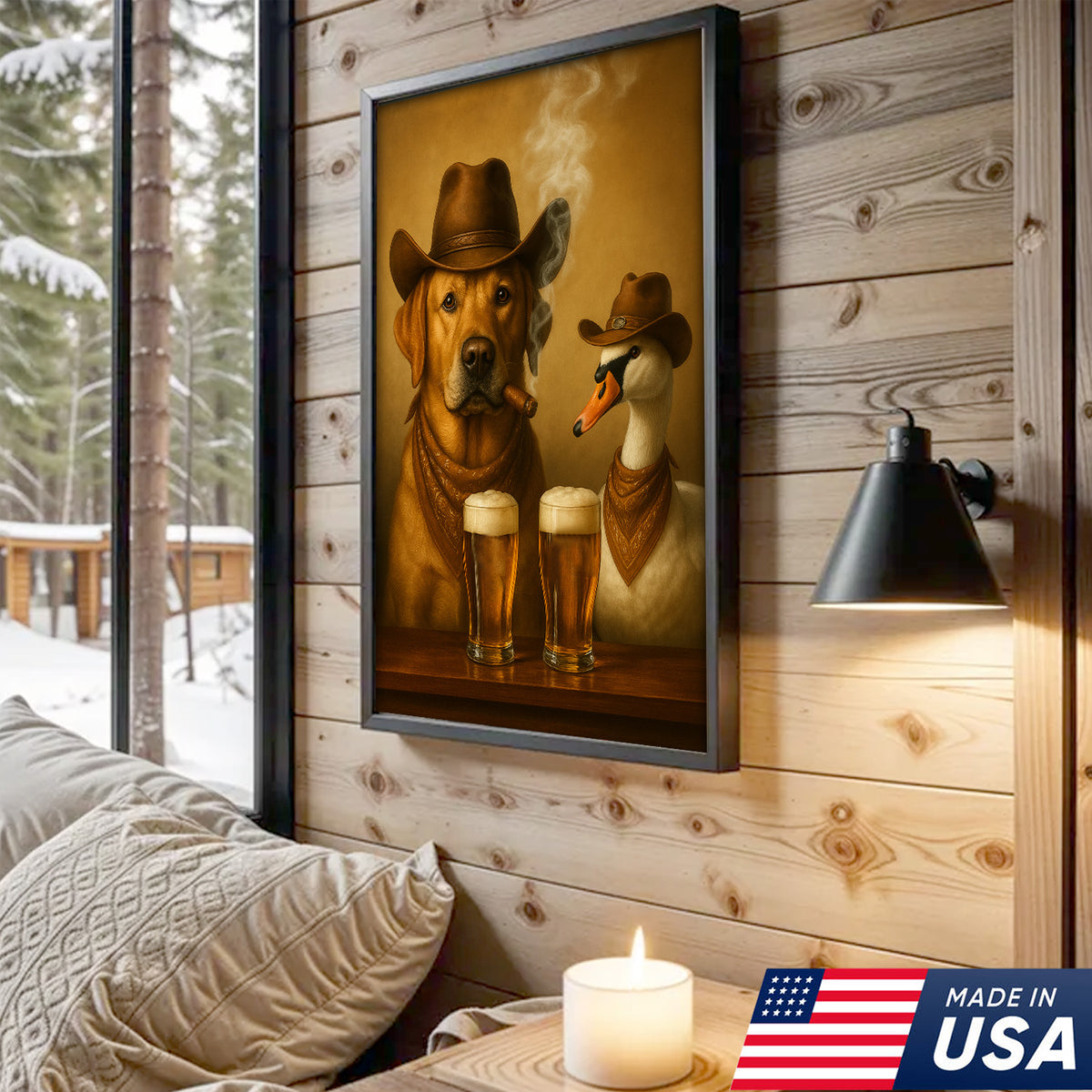 Funny Cowboy Dog & Geese Wall Art Canvas – Funny Beer & Smoking Canvas for Hunters