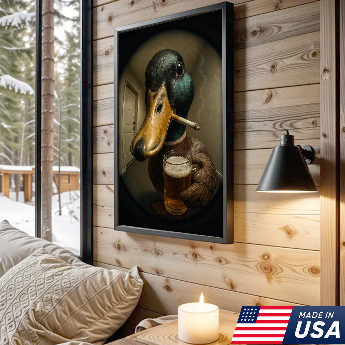 Mallard Duck Fisheye Canvas Wall Art – Funny Close-Up Door Peephole Portrait with Beer Glass