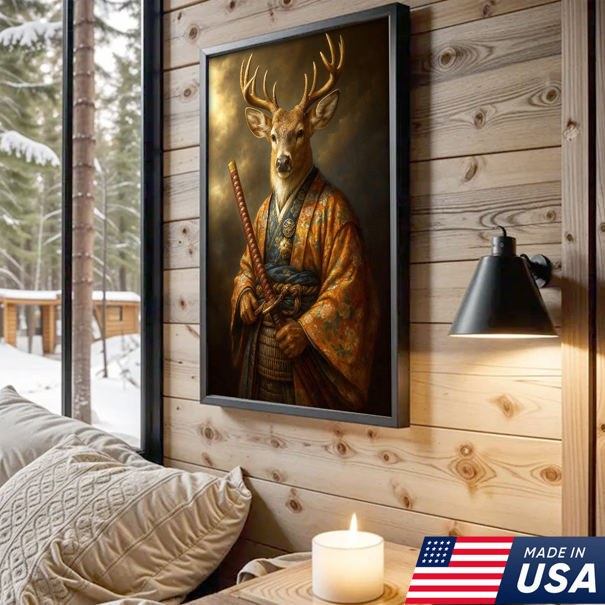 Deer Canvas Wall Art – Majestic Samurai Buck with Katana Warrior Rustic Lodge Decor
