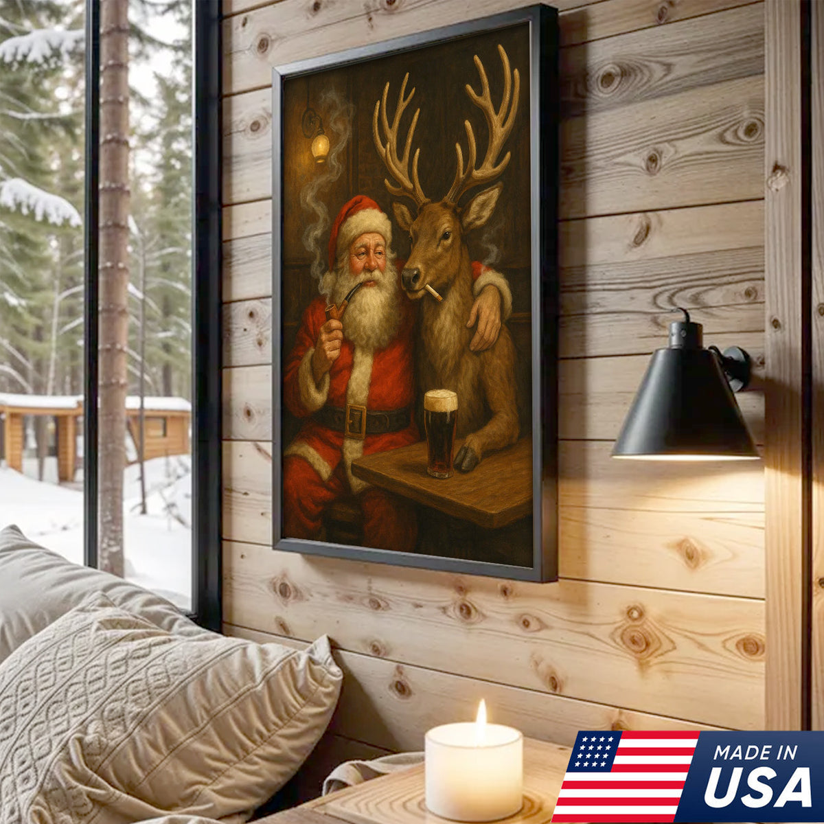 Funny Santa and Reindeer Wall Art Canvas – Rustic Christmas Lodge Decor