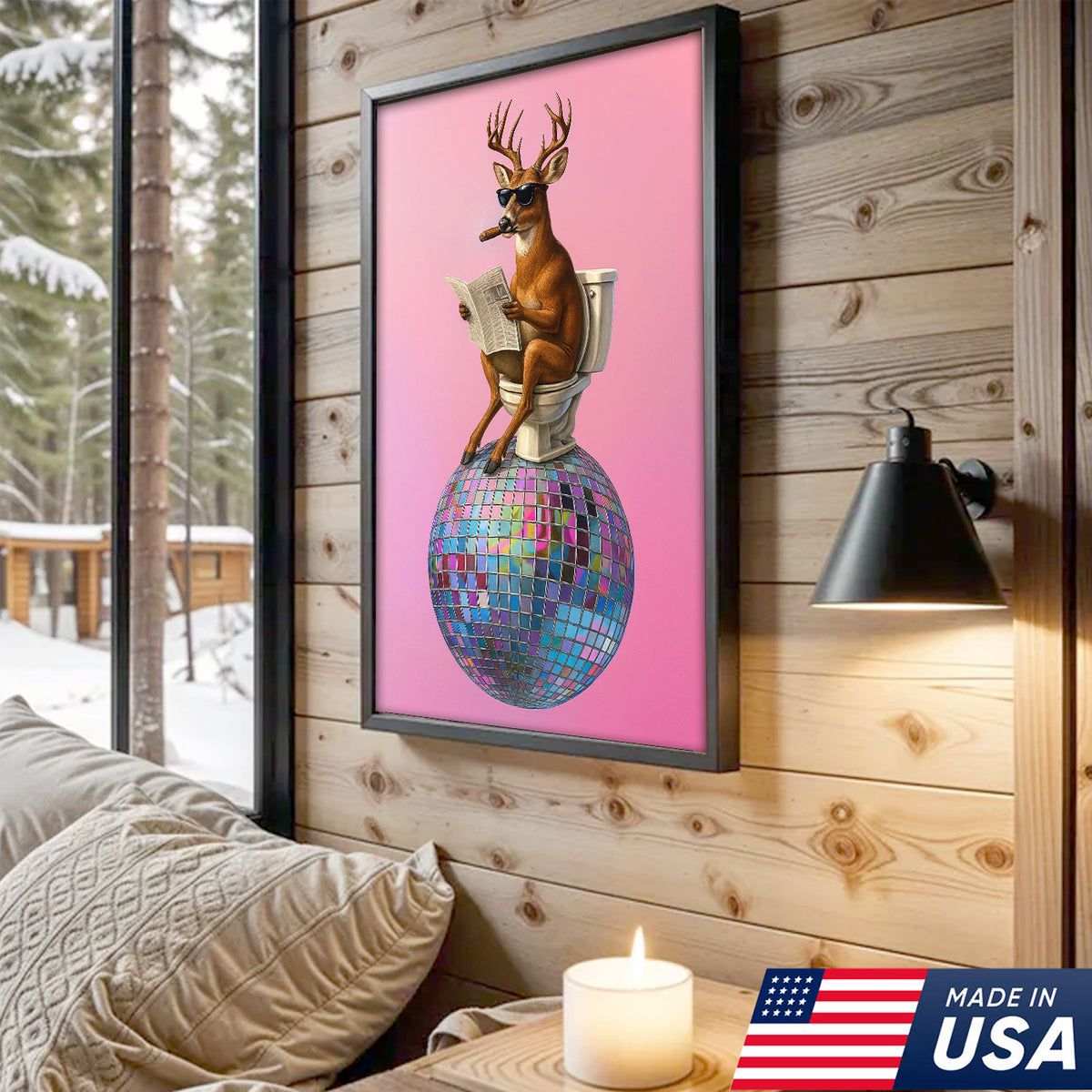 Deer Canvas Wall Art – Funny Buck Reading Newspaper on Toilet with Disco Ball Unique Bathroom Decor