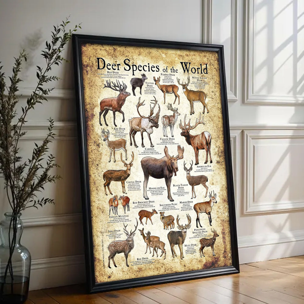 Deer Species of the World Poster Canvas - Guide for Hunting Enthusiasts, Featuring 20+ Deer Species