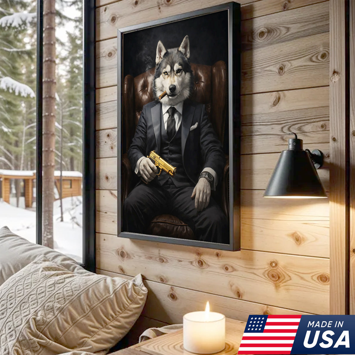 Boss Wolf Canvas Wall Art, Powerful Alpha Wolf in Suit Portrait, Luxury Animal Artwork