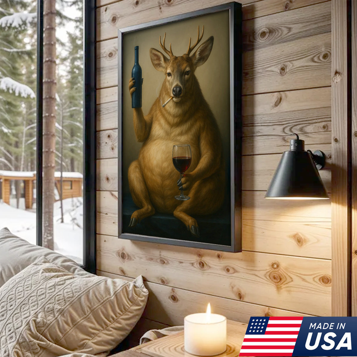 Funny Deer Wall Art Canvas – Fat Buck with Wine Glass Rustic Lodge Decor