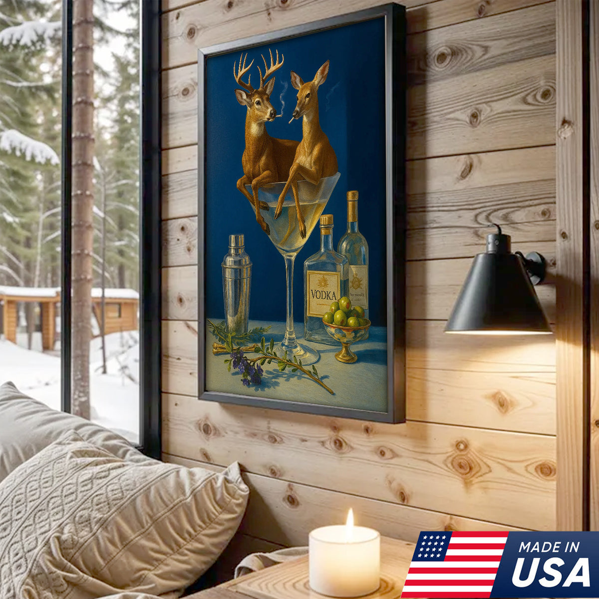 Funny Deer Couple Wall Art Canvas – Whimsical Buck and Doe in Martini Glass