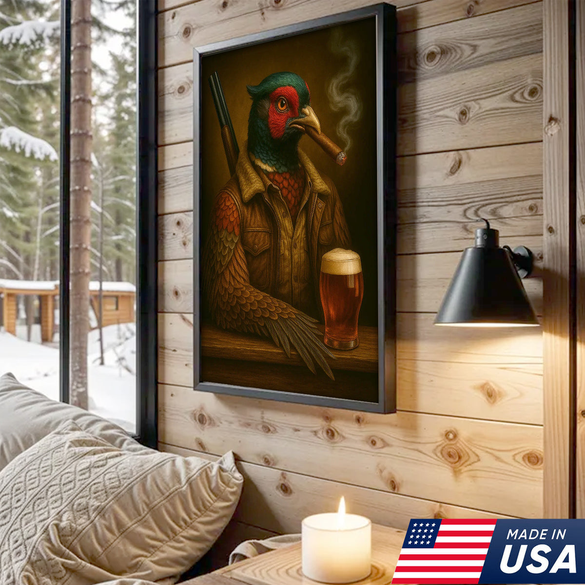 Wild Pheasant Canvas Wall Art – Surreal Hunter Portrait with Beer Glass, Bold Rustic Decor