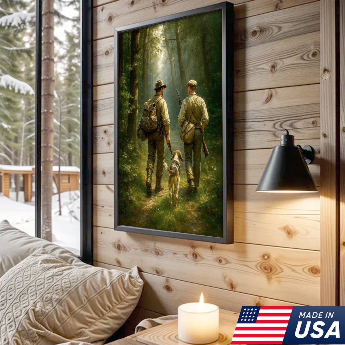 Hunting Canvas Wall Art – Hunters Walking with Dog in Forest – Rustic Cabin Decor