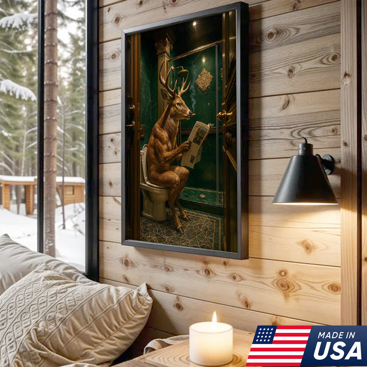 Funny Deer Canvas Wall Art - Anthropomorphic Deer Reading Newspaper in Bathroom