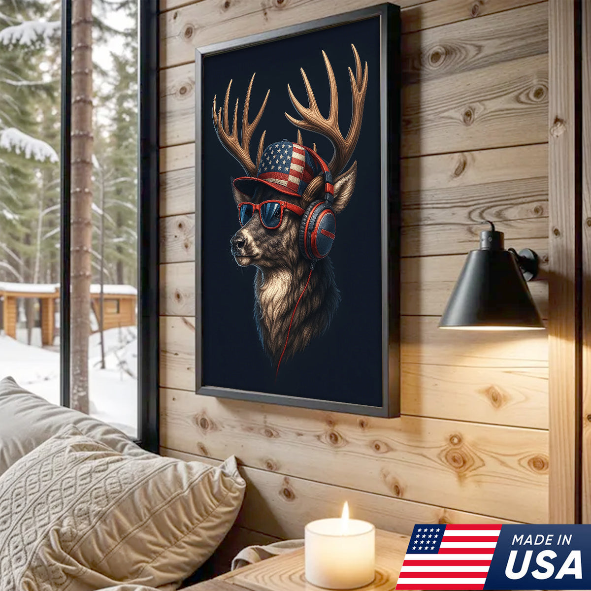Patriotic Deer Wall Art Canvas – Cool Buck with American Flag Hat and Headphones